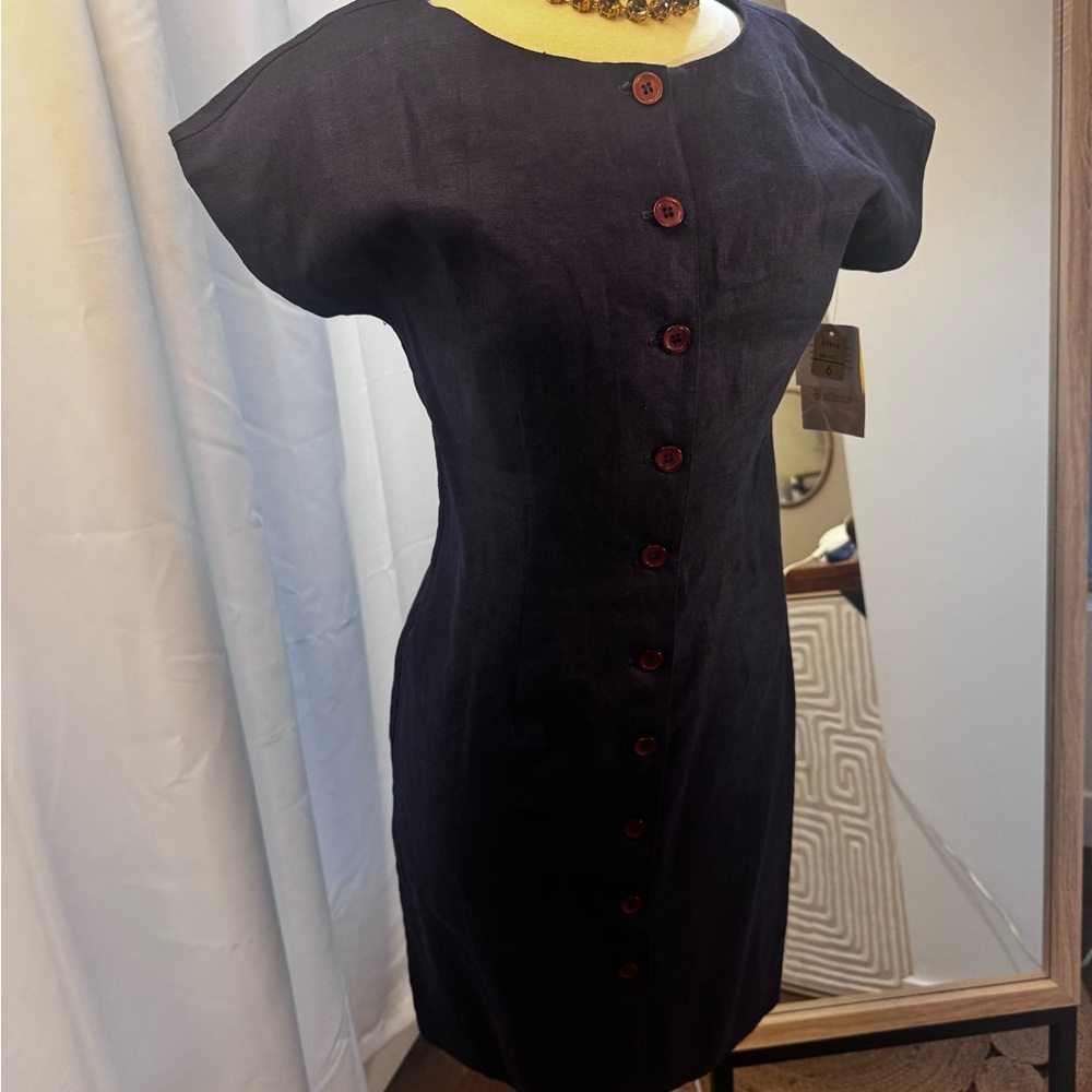 Buttons Navy 100% linen dress with Yellow NWT